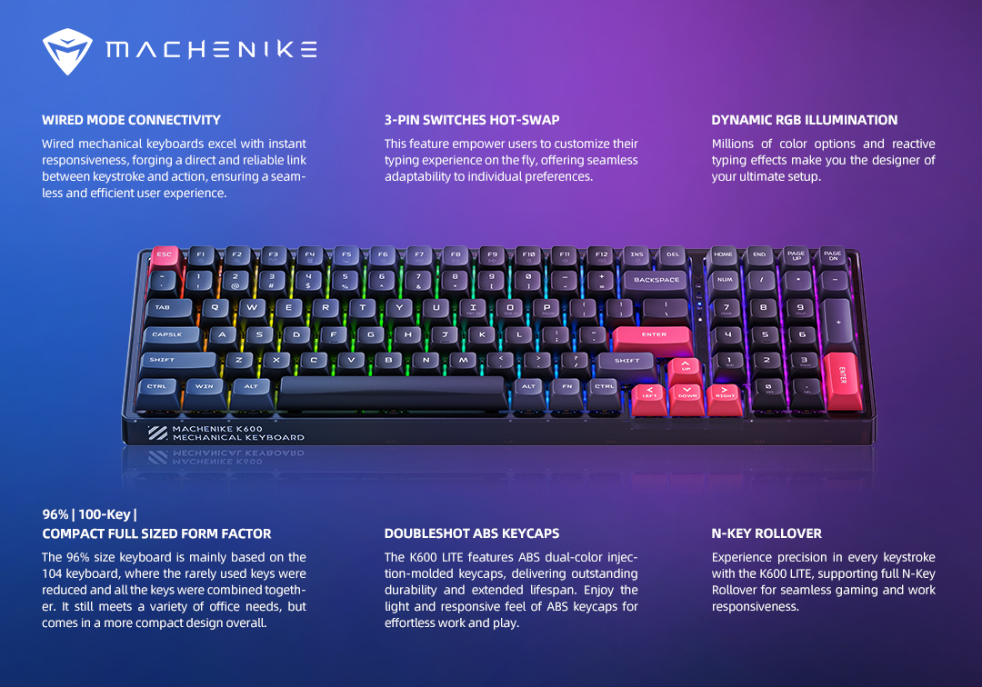 Machenike K600 Lite Wired Mechanical Keyboard 100 Key RGB Backlit Hot ...