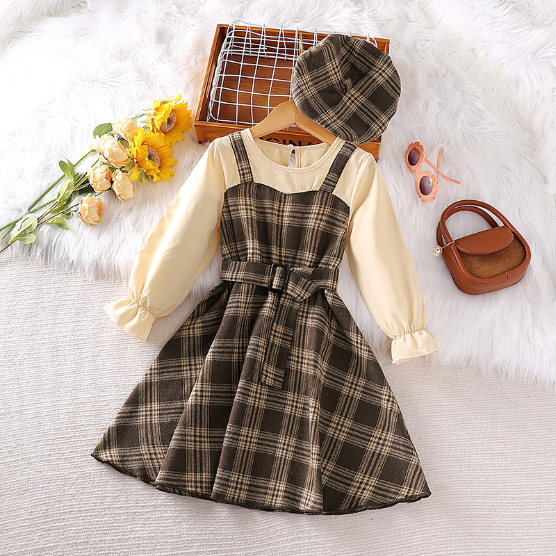 SIYYIS Khaki Color Beret Plaid Long Sleeve Patchwork Dress Kids Girls Korean Style Casual Clothes Stylish Children Clothing 4 7 Years Baby Costume Baju Budak Perempuan Baju Baby Girl Dress Baby Girl D...