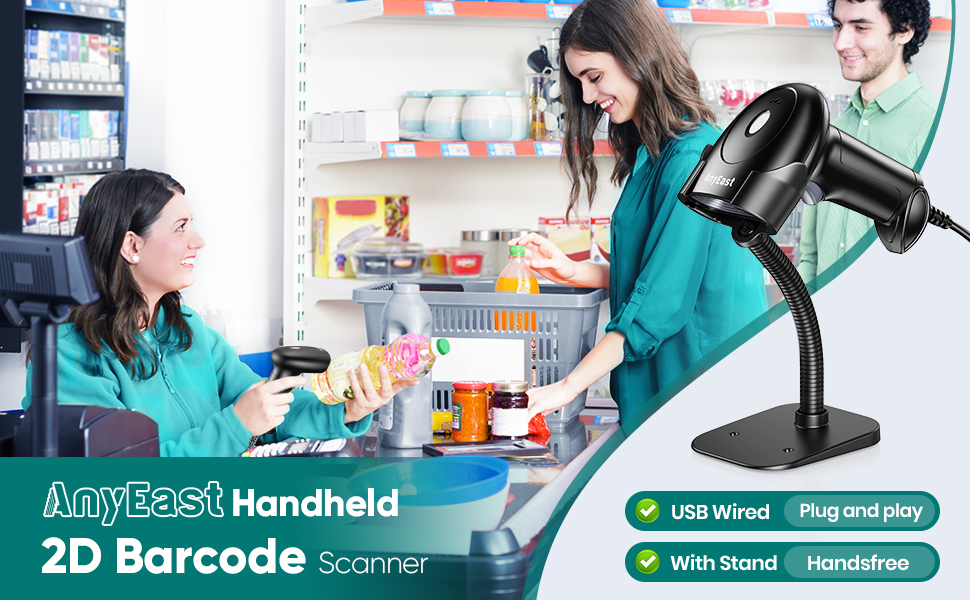 Anyeast Handheld 1D 2D Barcode Scanner with Stand USB Wired Connected ...