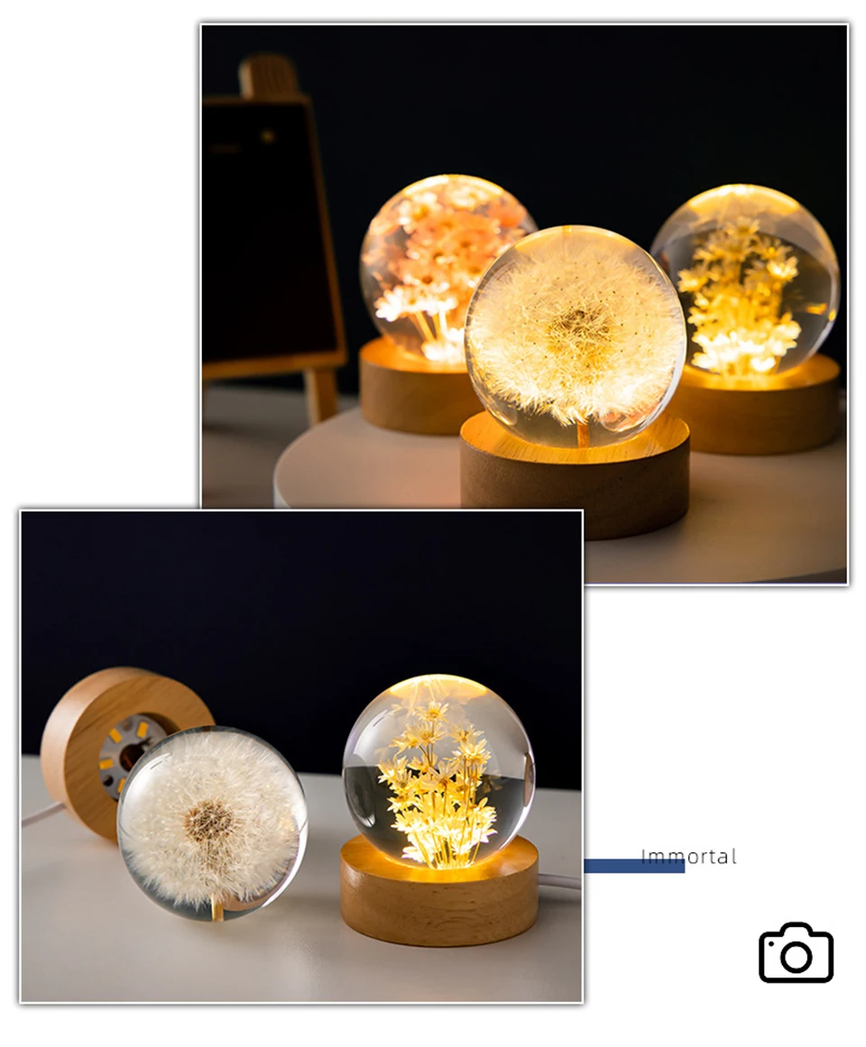 3D Dandelion Crystal Ball 5cm 6cm Luminous Immortality Flower Gift ...