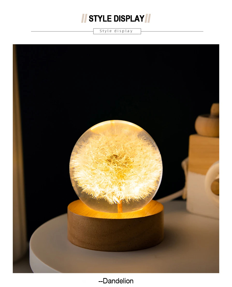 3D Dandelion Crystal Ball 5cm 6cm Luminous Immortality Flower Gift ...