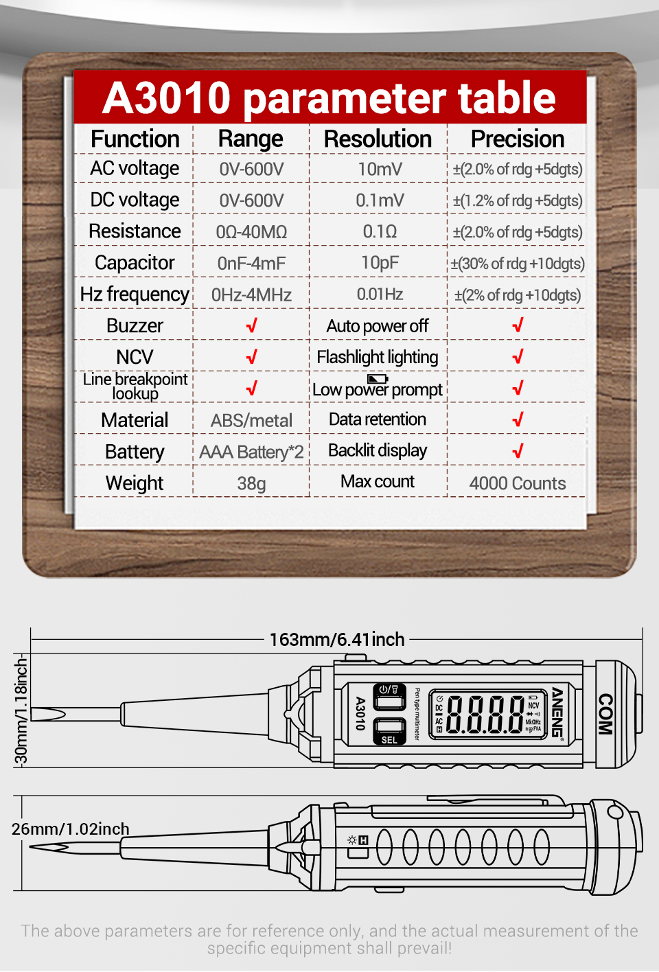 ANENG A3010 4000 Counts Pen-Type Multimeter True-RMS Backlight Multi ...