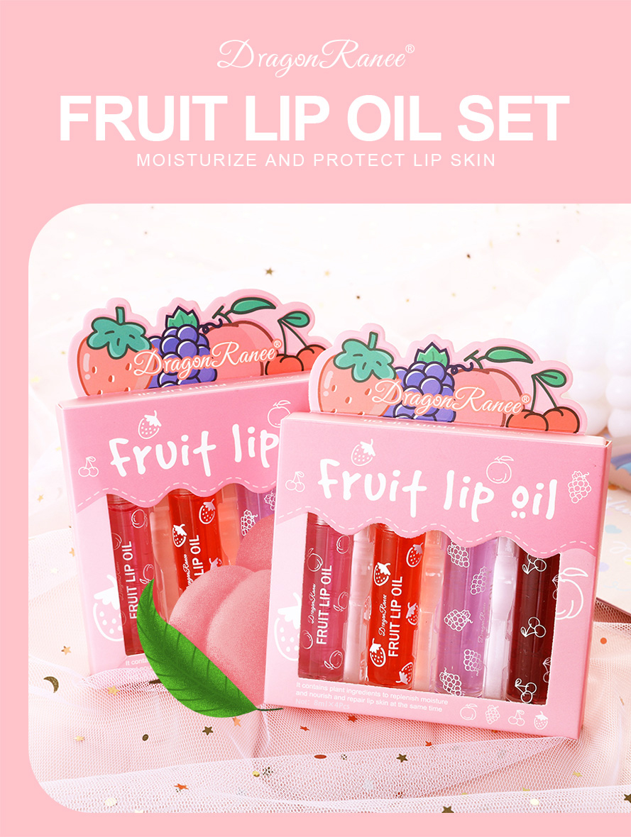 Lip Oil Lip Gloss Fruit Four-Piece Set Box Moisturizing Moisturizer ...