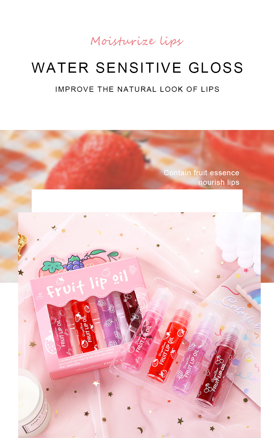 Lip Oil Lip Gloss Fruit Four-Piece Set Box Moisturizing Moisturizer ...