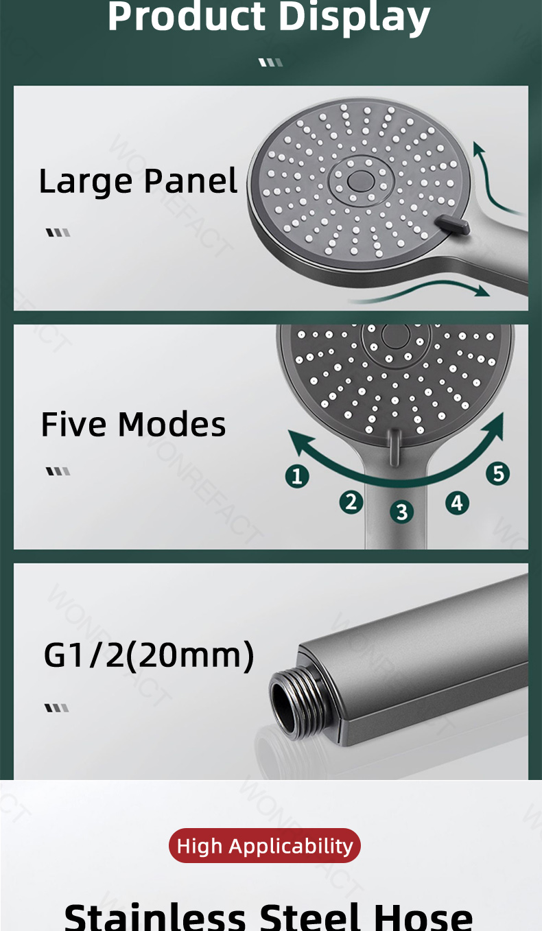 Gray High Pressure Shower Head Bathroom SPA 5 Mode Water Saving ...