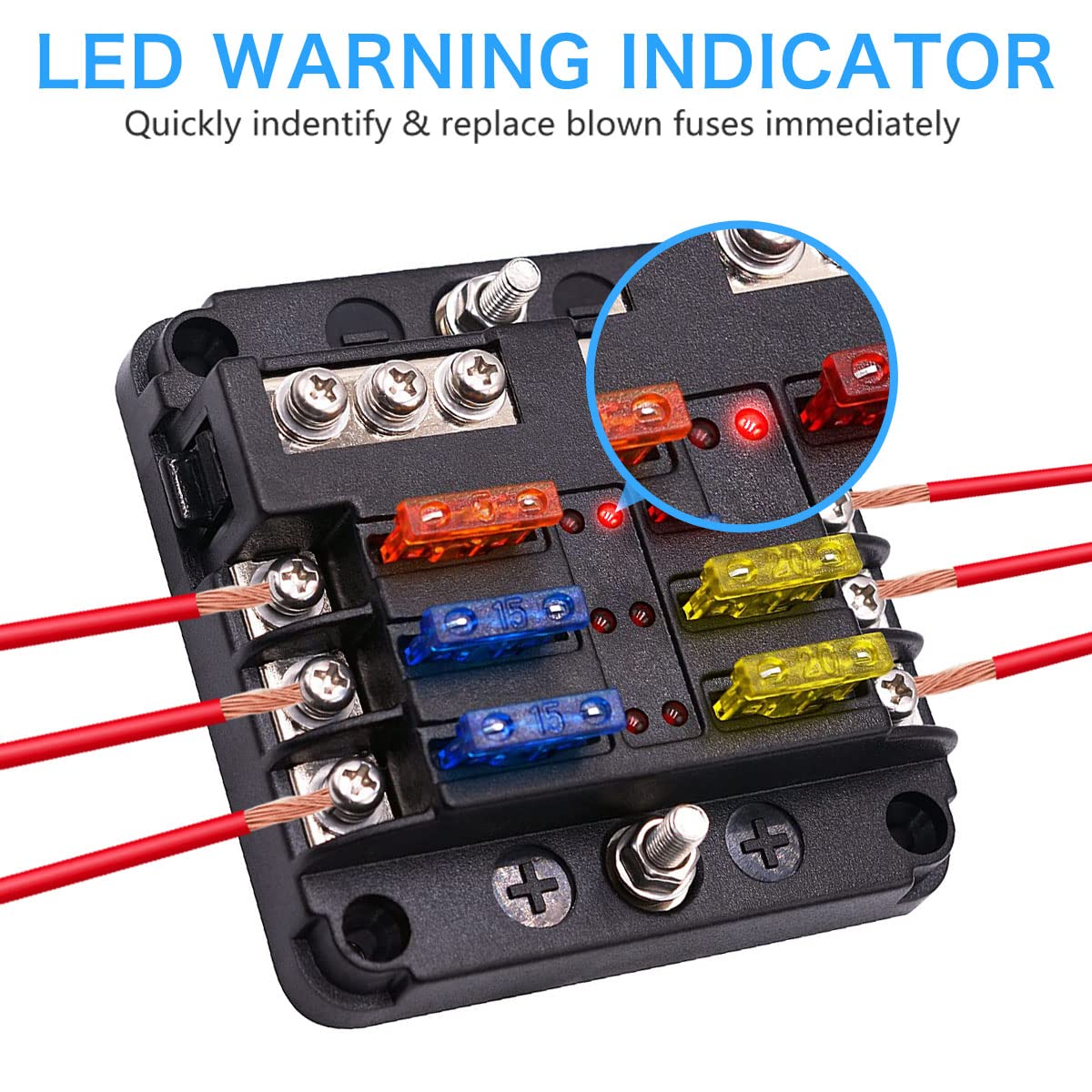 6 Way 12V Fuse Box 12Volt Blade Fuse Block, 6 Circuit W/Negative Bus ...