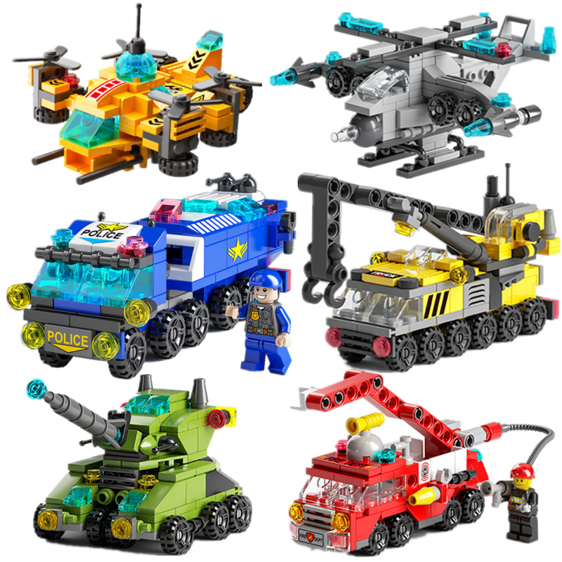 6 In 1 DIY Building Blocks Police Car Fire Truck Castle Toys For Kids ...