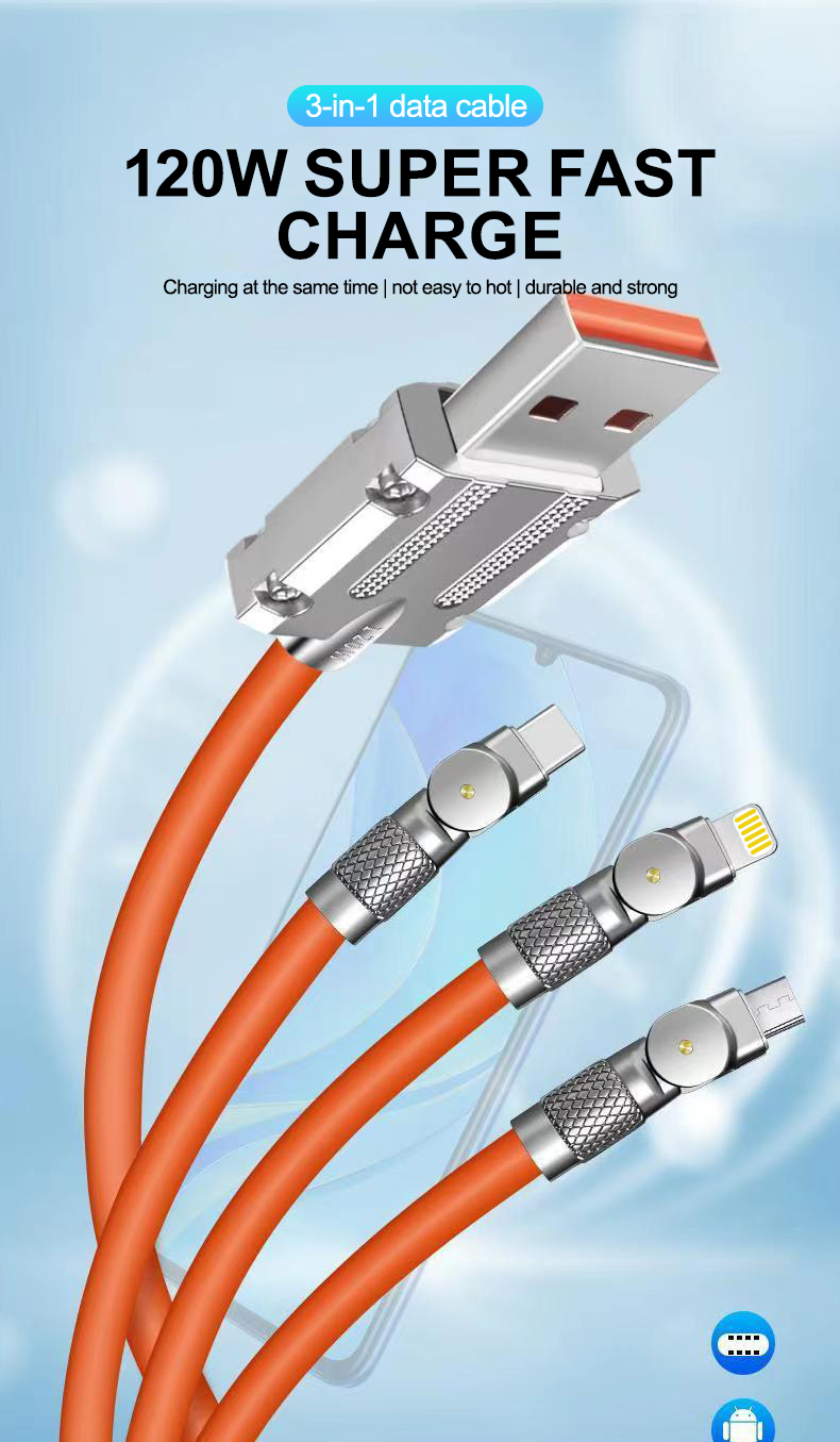 Hy Metal 3-in-1 Fast Charging Cable (Only type C supports 6A 120W ...