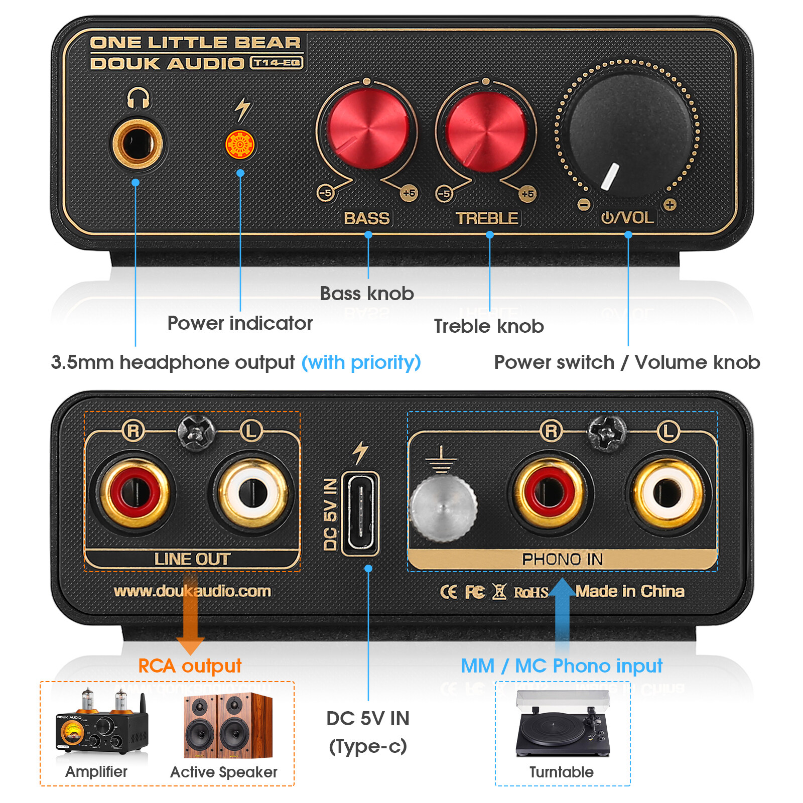 Douk Audio T14-EQ Stereo RIAA MM/MC Phono Stage Preamp Home Turntables ...