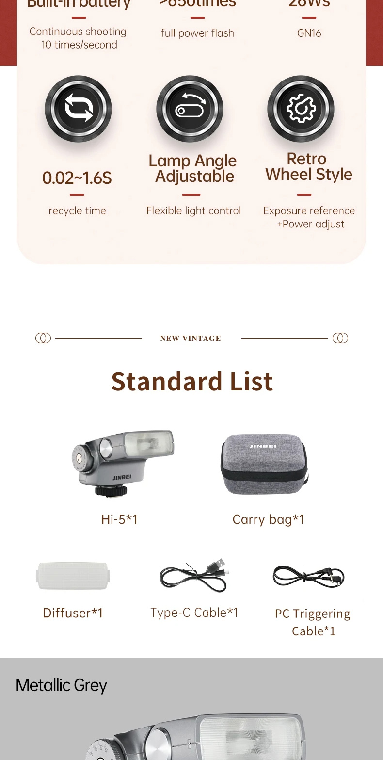 JINBEI Hi-5 Camera Retro Flash GN16 Speedlite With S1/S2 Photo-Sensitive Modes, CCT 6000Ku00b1200K, Built-in For Sony Canon Nikon Fuji Olympus Hot Shoe Cameras - Hakayat Adasah Store