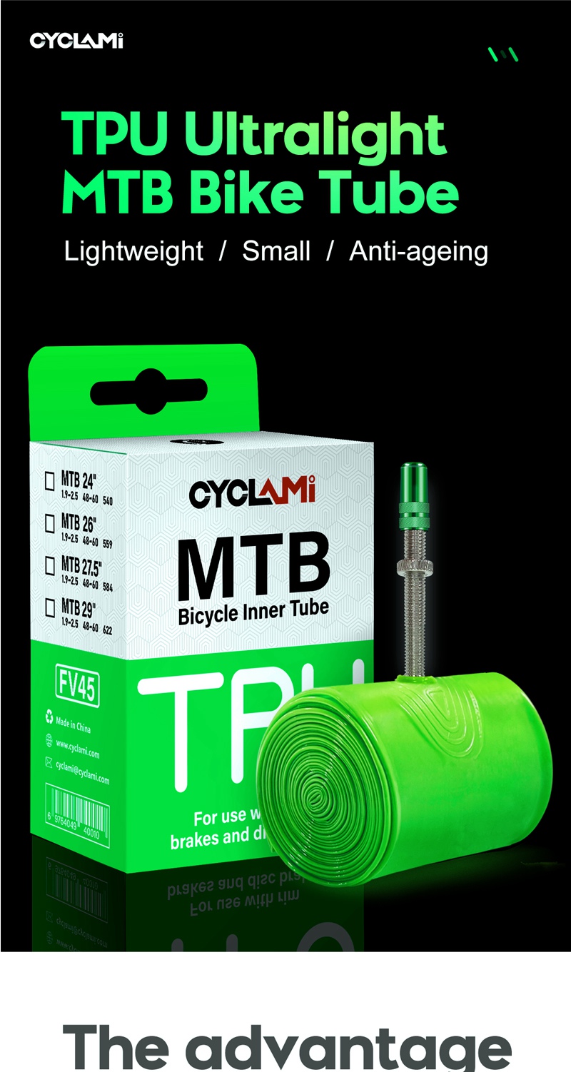thumbnail image 2 of 2-Pack CYCLAMI TPU Inner Tube MTB 26'', Ultralight 65g Mountain Bike Tube Compatible With 26 X 1.9/2.0/2.1/2.2/2.3/2.4/2.5 Metal Presta Valve 45mm (with A Multi-Functional Tire Pry Bar 2 of 12