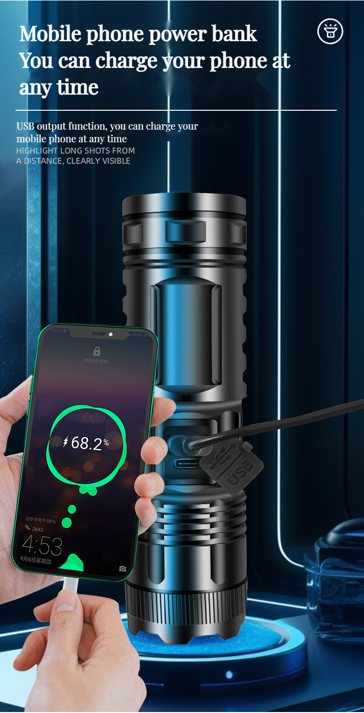Multi functional LED flashlight, white laser, small steel cannon ...