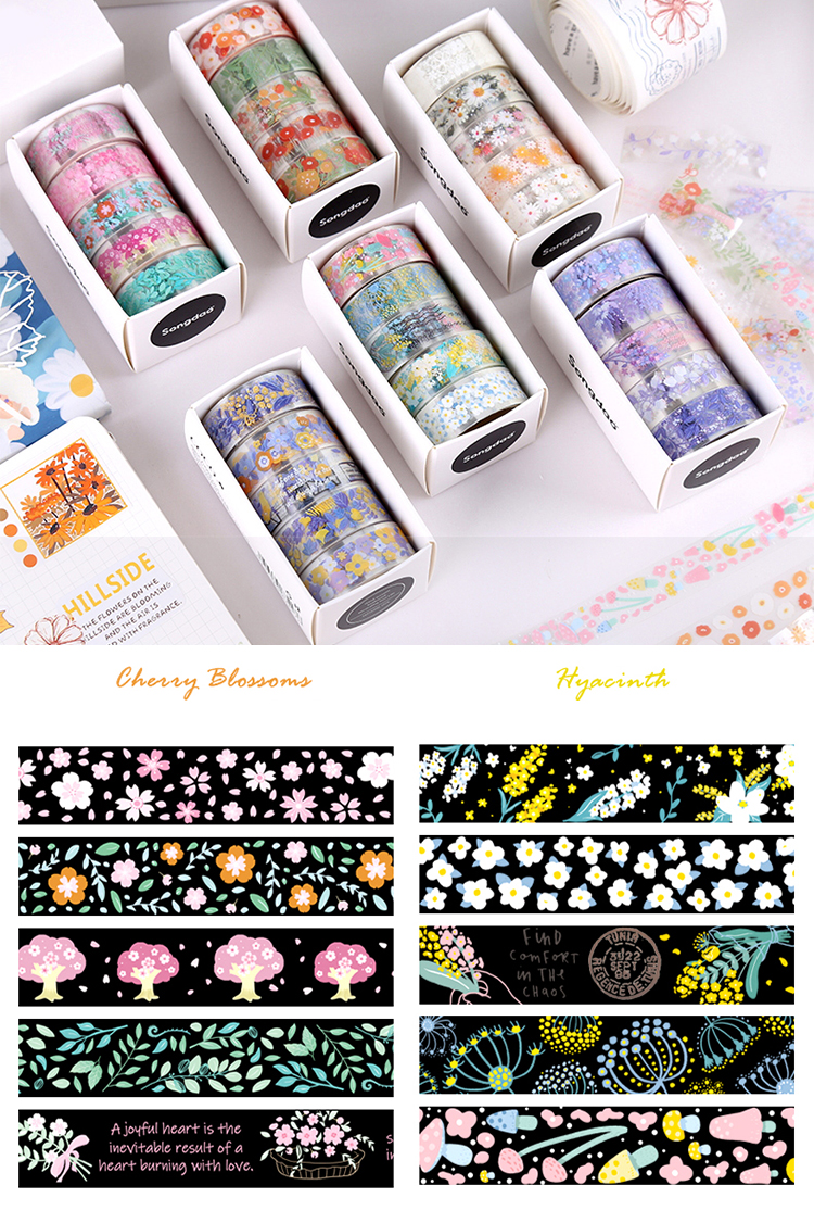 5 Rolls Boxed Beautiful Flower Language Series Transparent PET Tapes ...