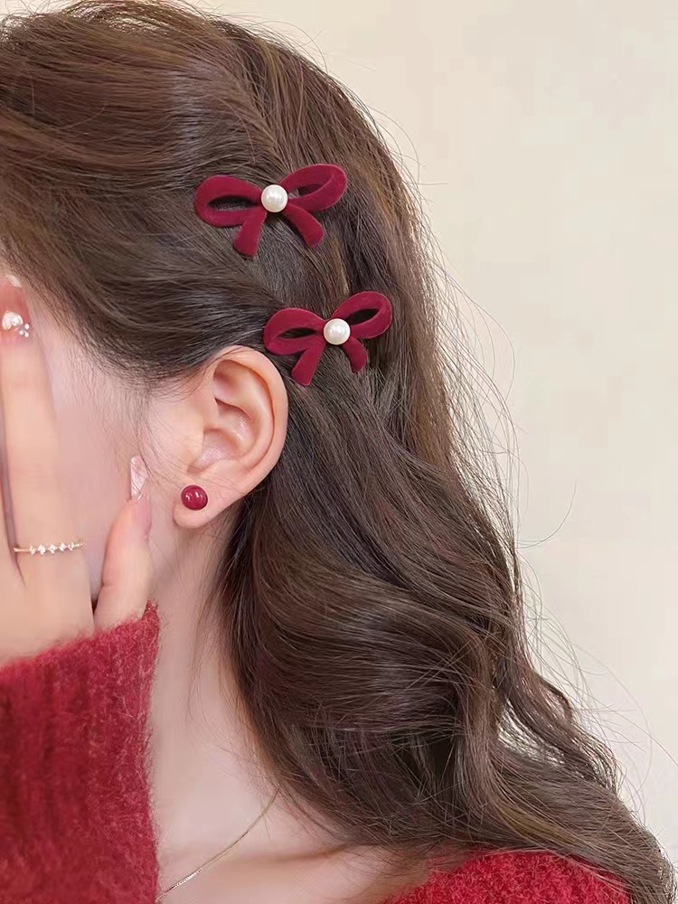 Retro Velvet Velvet Bow Hair Clip Female Small Pearl Side Clip Red Hair ...