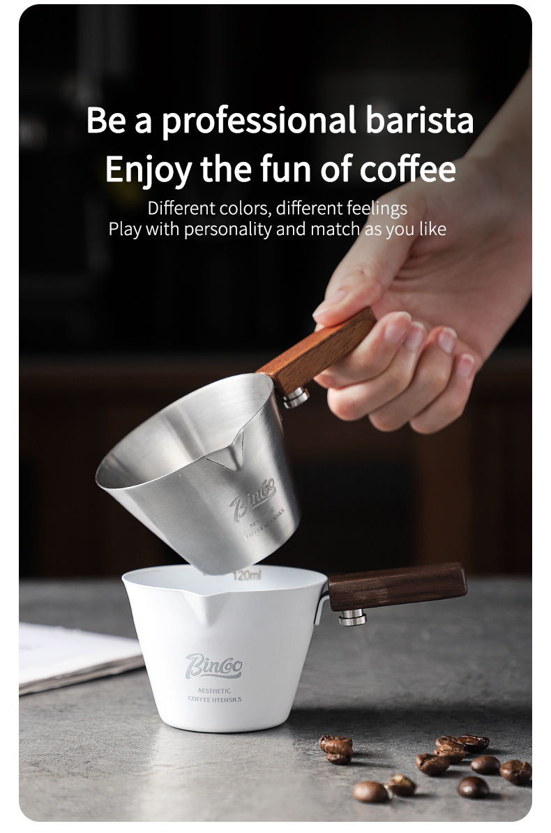 BINCOO Wooden Handle Espresso Measuring Cup Stainless Steel Milk Cup ...