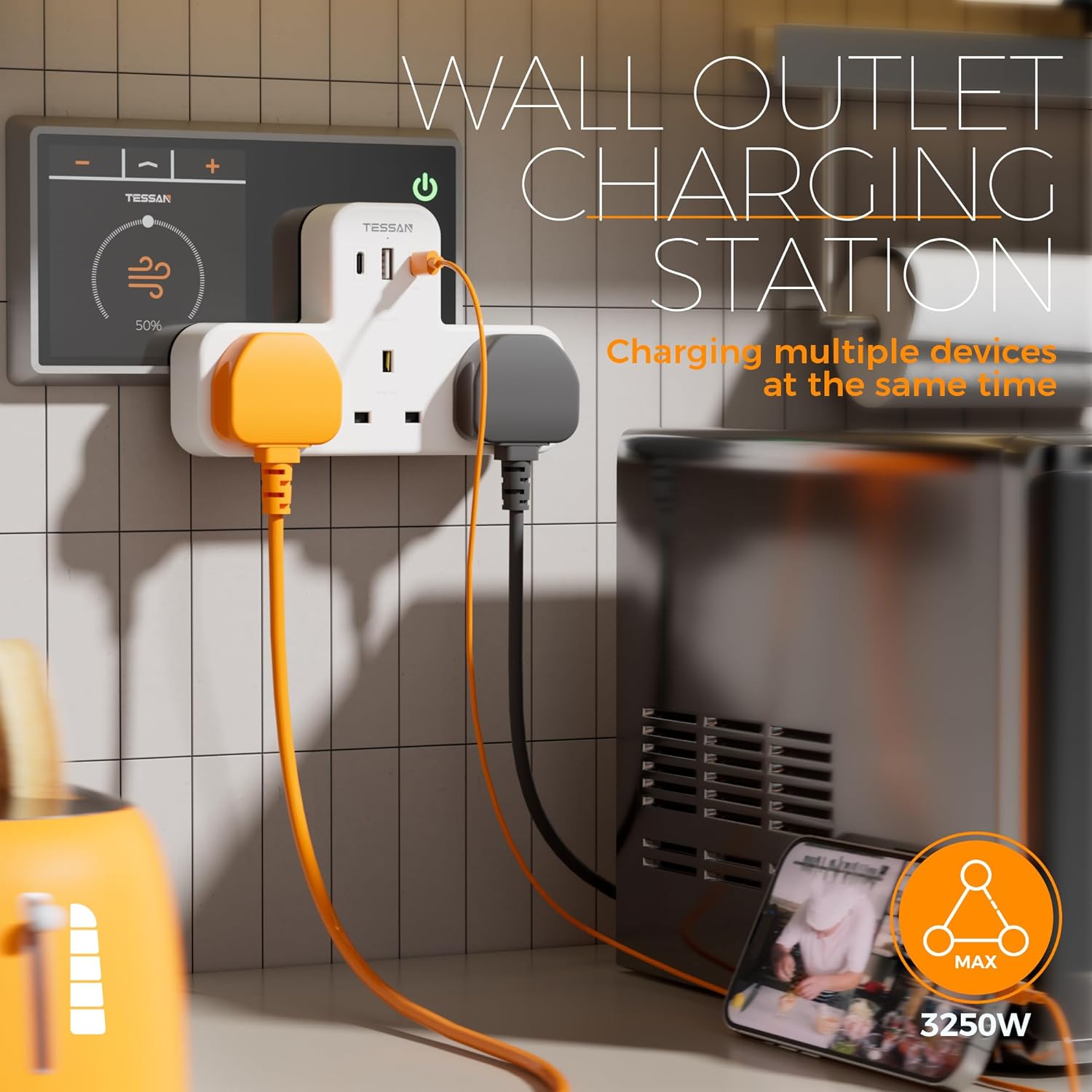 TESSAN 4 Way Extension Plug With 2 USB and 1 USB C, Multi Plug Adapter ...