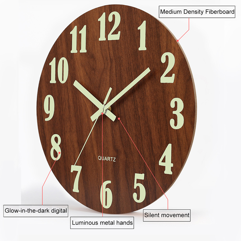 12" / 30CM Wall Clock Glow In The Dark Silent Quartz Indoor Bedroom ...