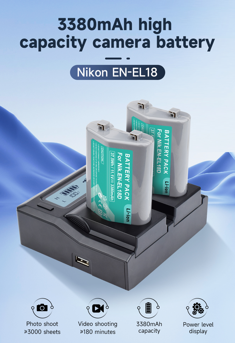 Chargeur Double Pour Batteries Nikon EN-EL18/EN-EL18d - Pour Z9, D4, D800 - Charge Rapide/lente + Port USB