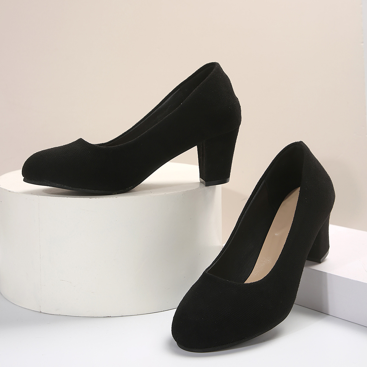 Elegant Round Toe Block Heels – 6cm Suede Office Pumps for Women ...