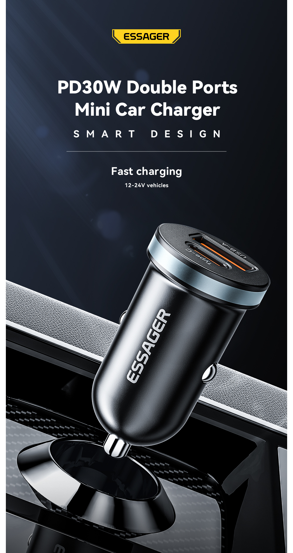 Essager PD30W USB A Type-C Mini Car Charger Quick Charge Fast Charging ...