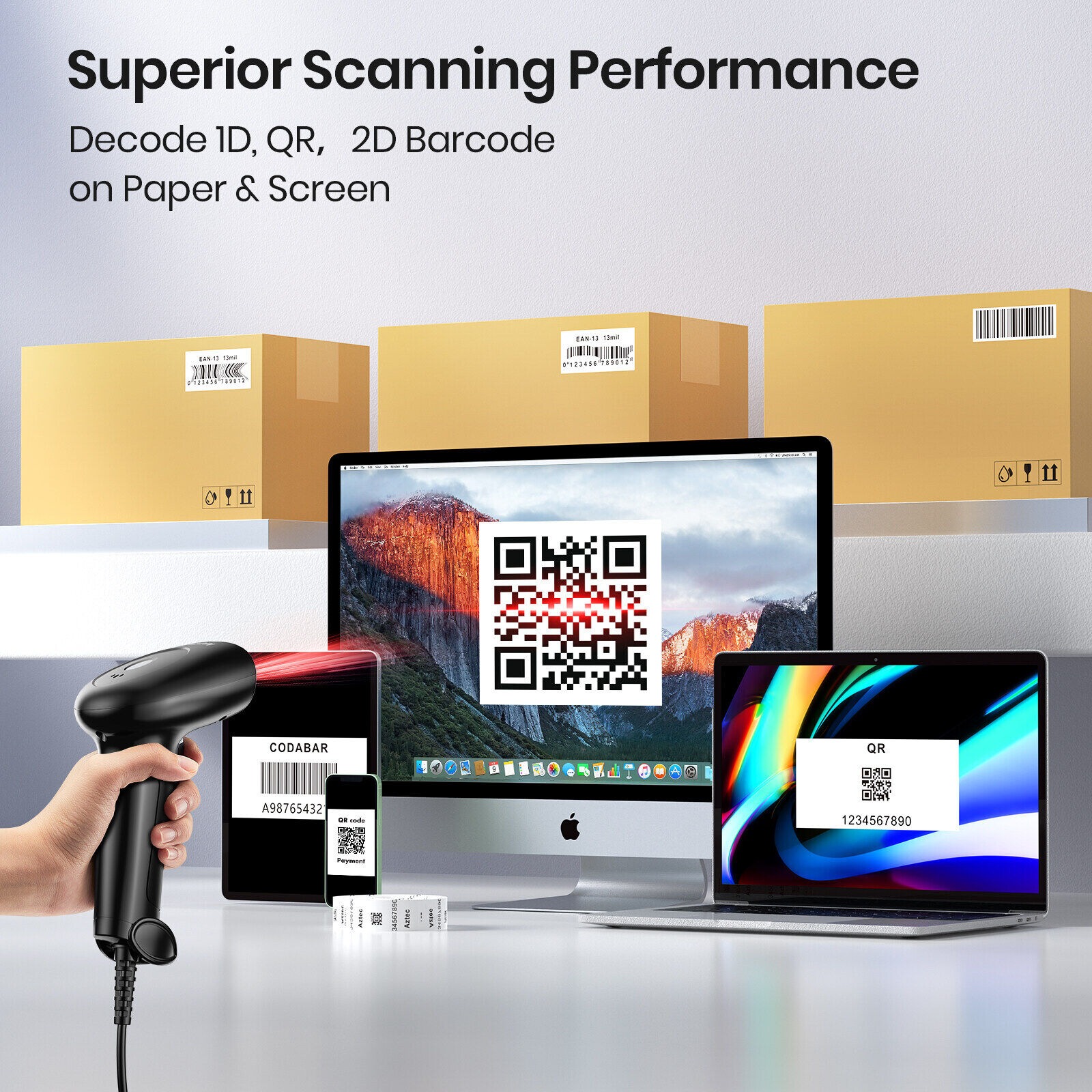 Anyeast Handheld 1D 2D Barcode Scanner USB Wired with Stand Scanners ...