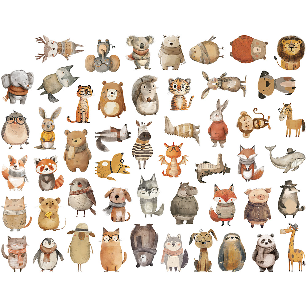 [large Stickers]50pcs Cute Hand Drawn Animals Stickers Pack For Laptop 