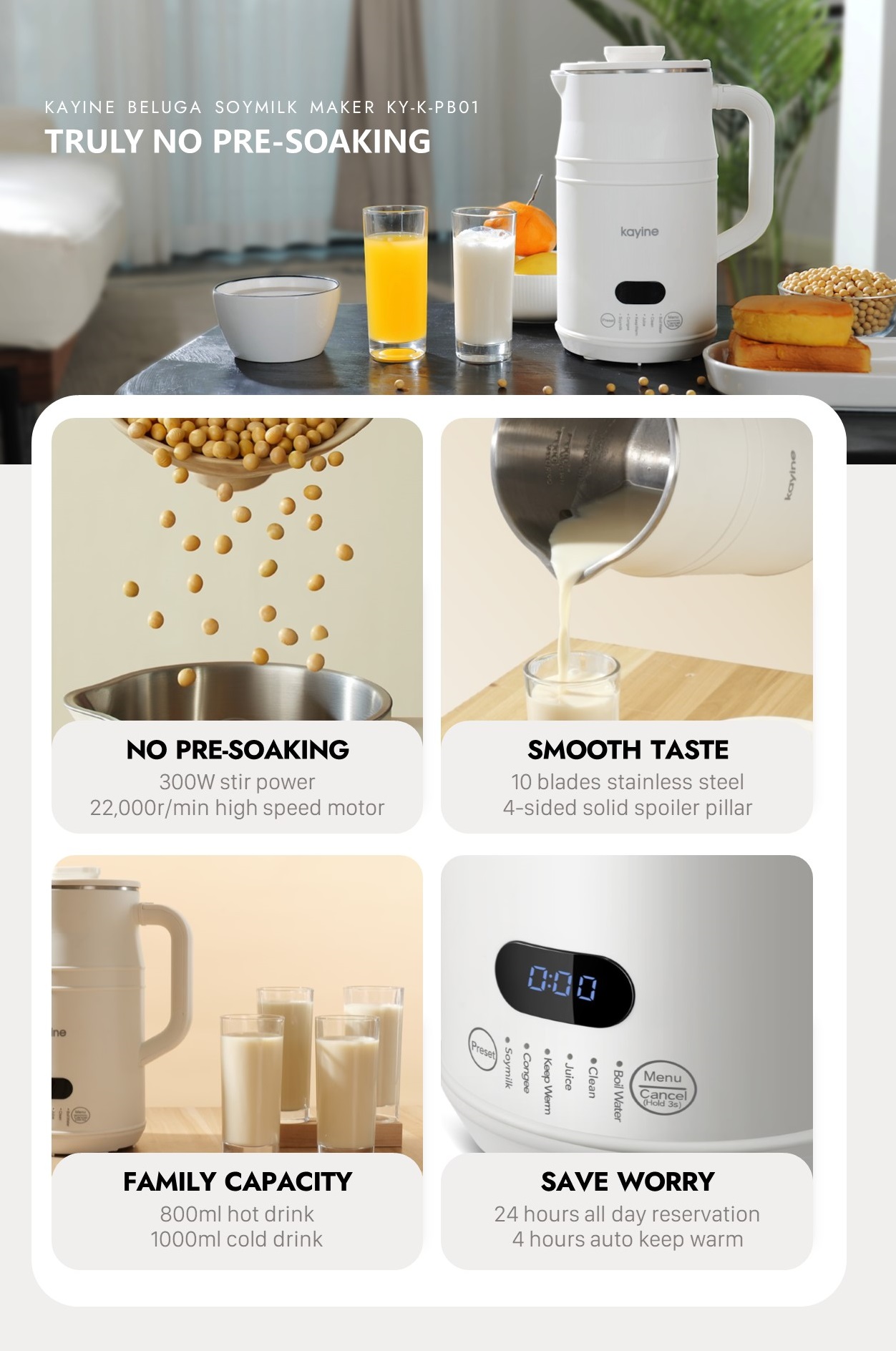 Kayine Beluga Soymilk Maker Machine(1000ml) Food Processor Delay Start ...
