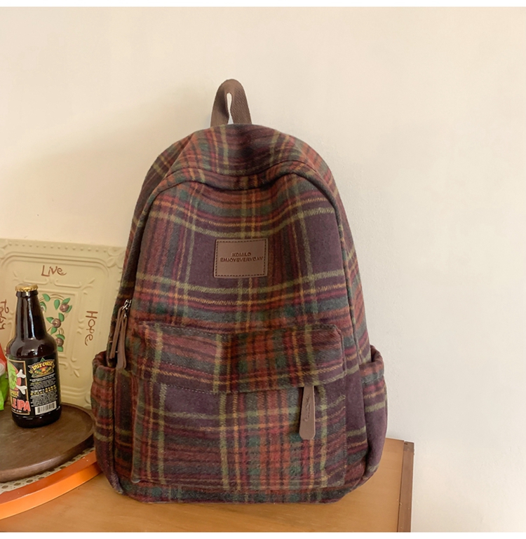 Checkered Student Backpack Woolen Cloth Retro School Bag for Teenage ...