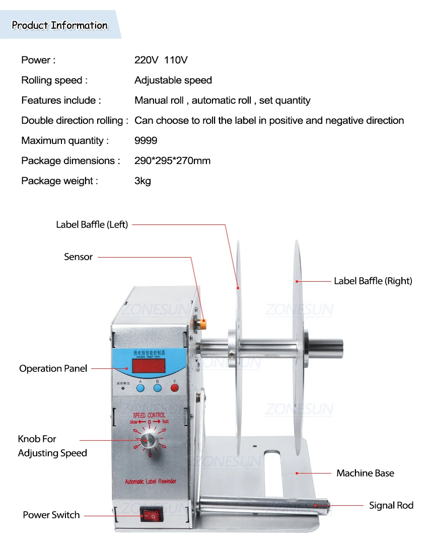 ZONESUN Automatic Label Rewinder Speed Direction Adjustable Electric ...