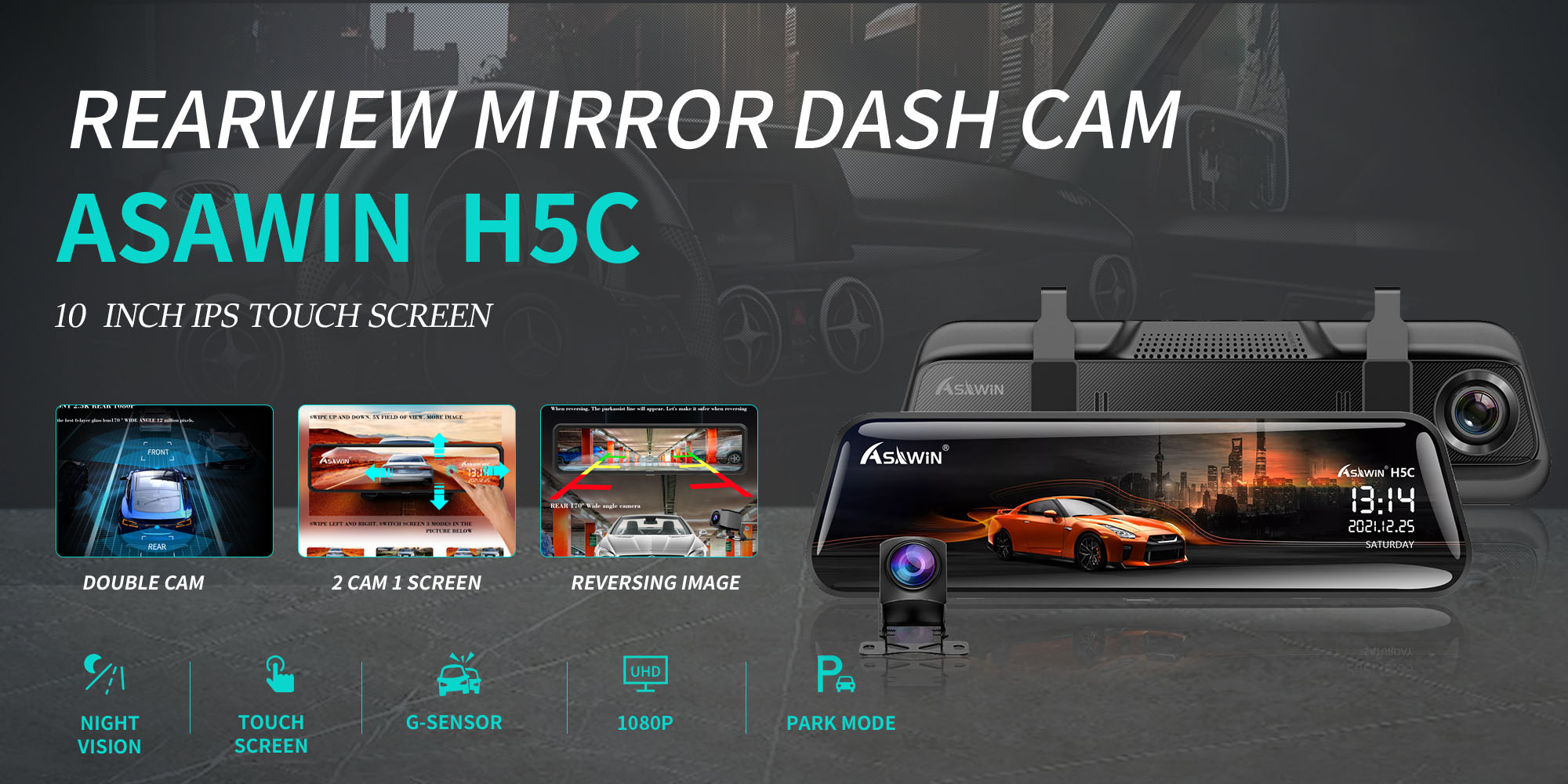 Asawin 24 Hours Night Vision Full Screen Dual Lens Rearview Mirror Dash ...