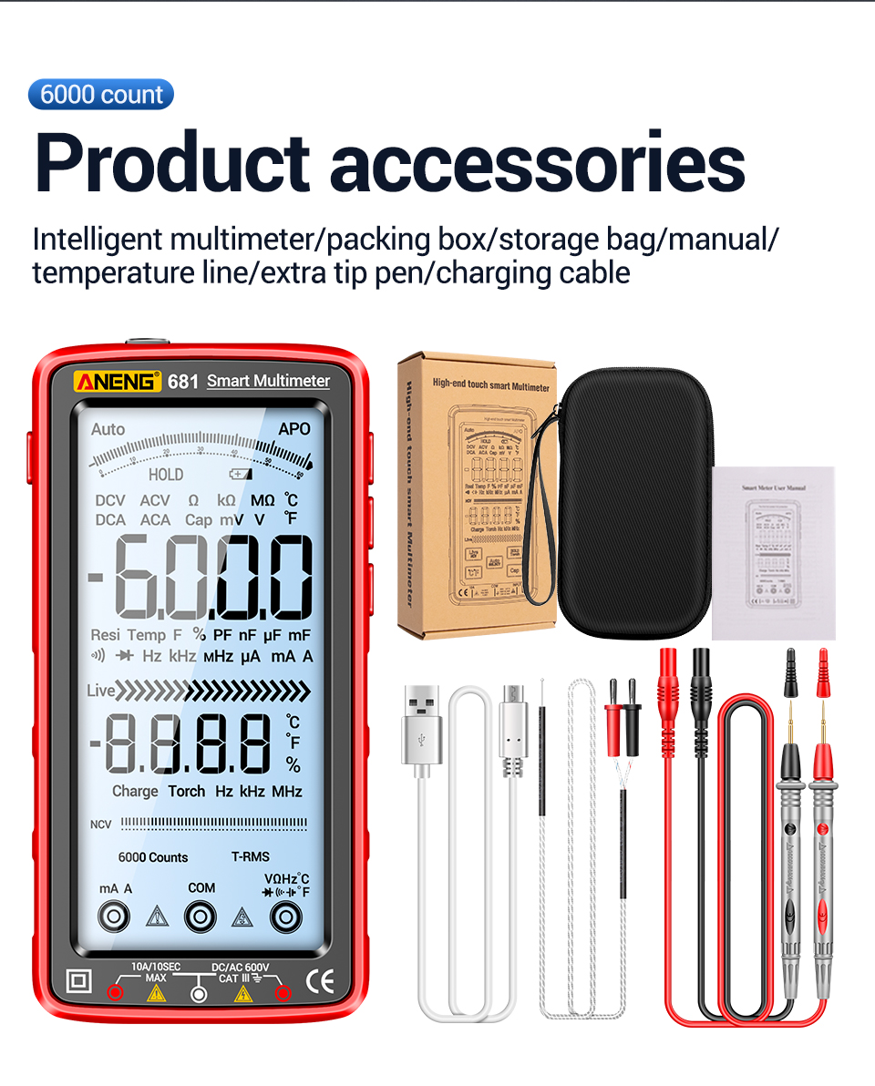 ANENG 681 Non-contact Rechargeable VA Reverse Display Multimeter Auto ...