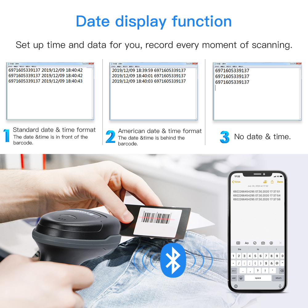 Eyoyo 1D Wireless Barcode Scanner with Date Display, with Bluetooth & 2 ...