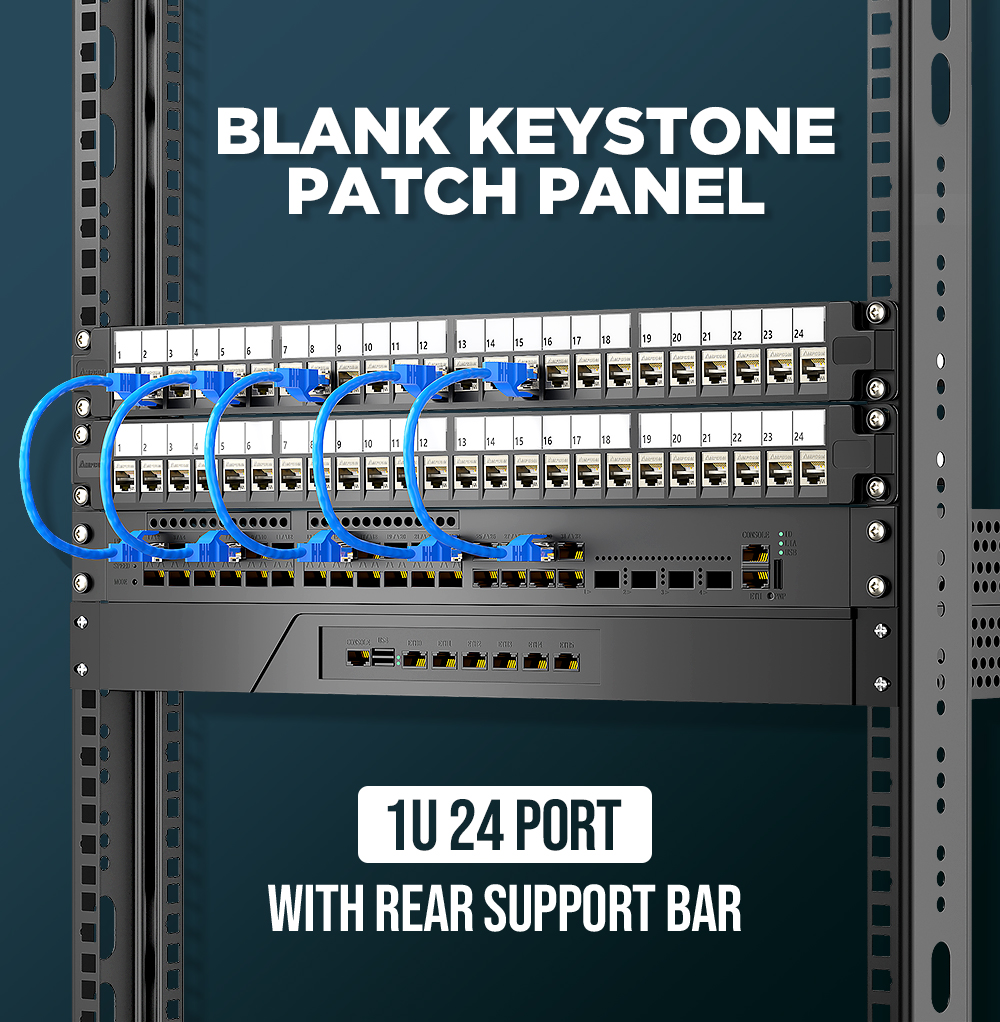 AMPCOM 24 Port Blank Keystone Patch 1U STP/UTP Rack Wall Mount with ...