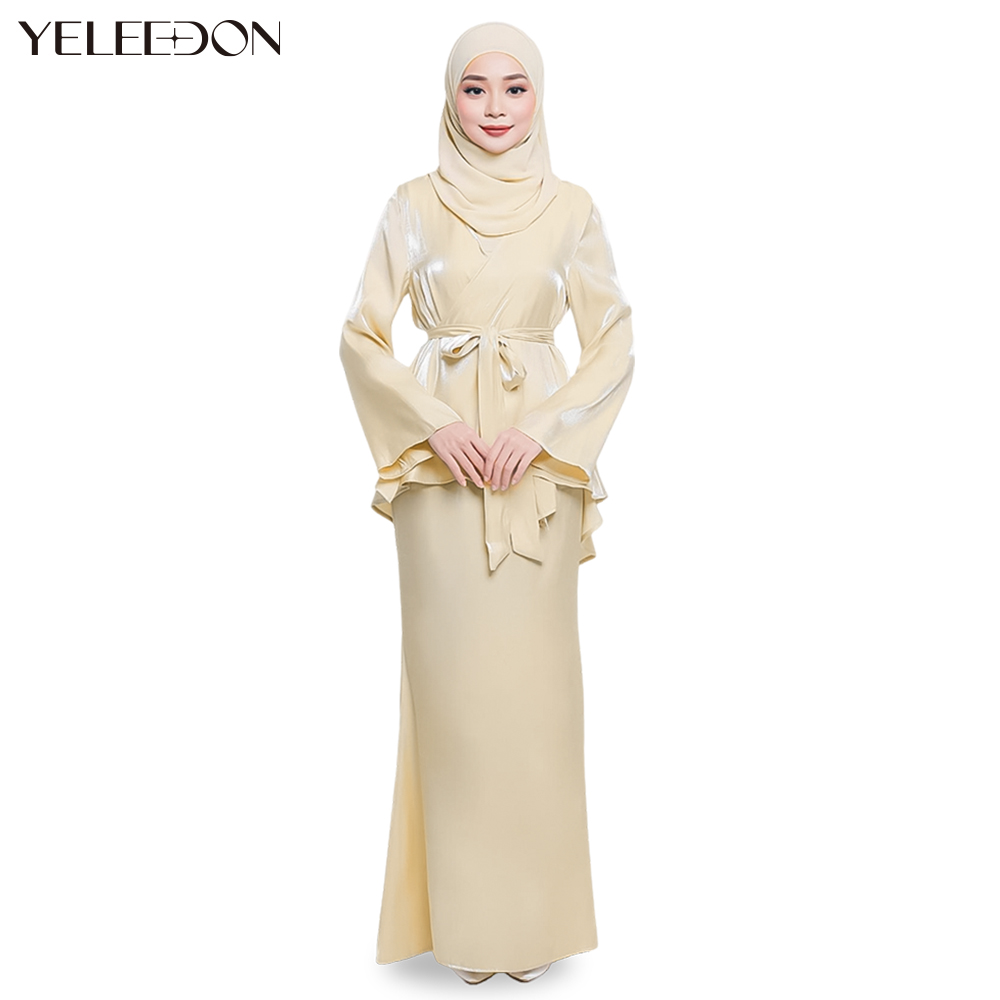 Yeleedon Women Muslimah Baju Kurung Shantung Silk Solid Color Belted