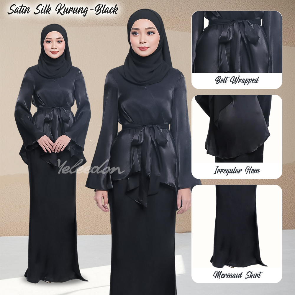 Yeleedon Women Muslimah Baju Kurung Shantung Silk Solid Color Belted