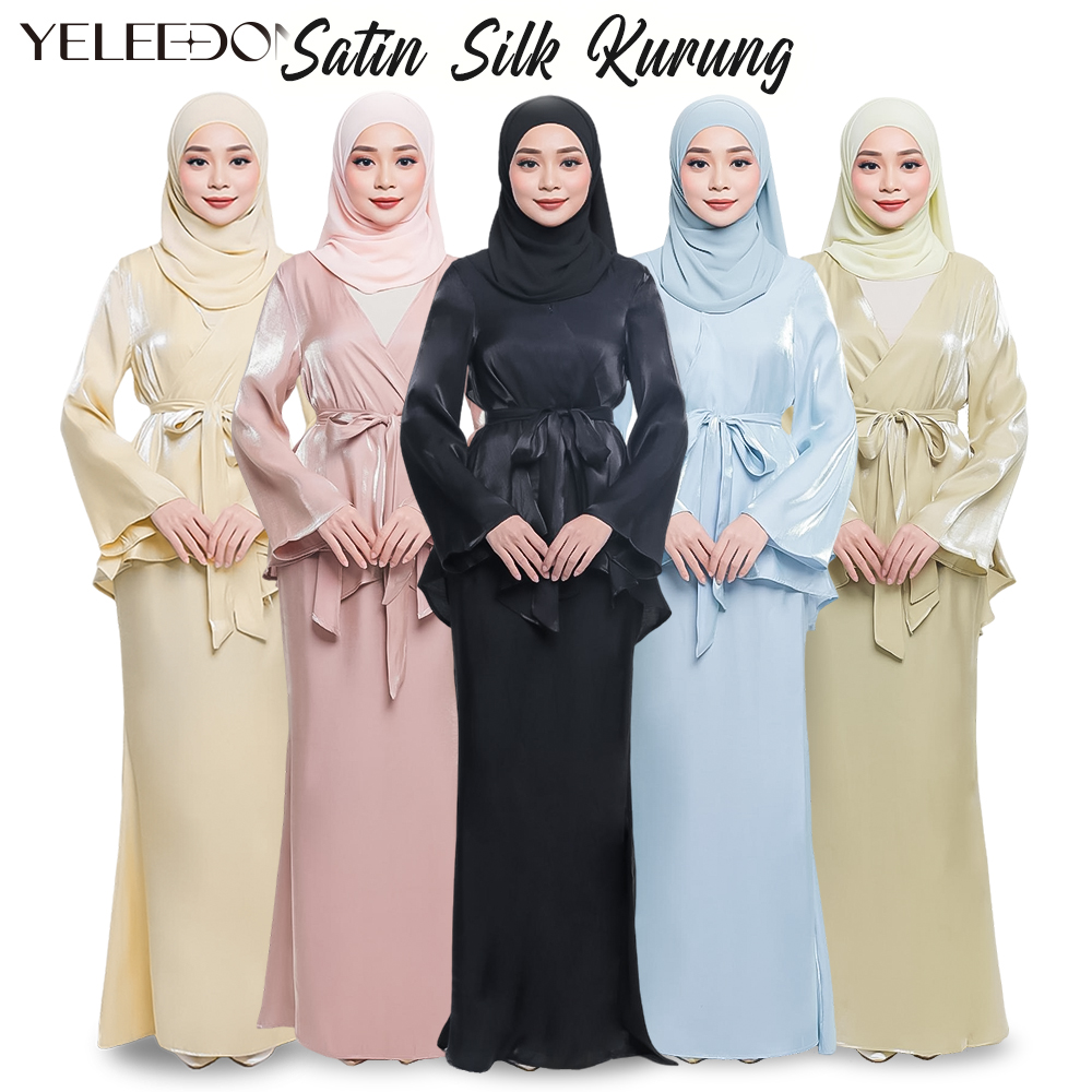 Yeleedon Women Muslimah Baju Kurung Shantung Silk Solid Color Belted