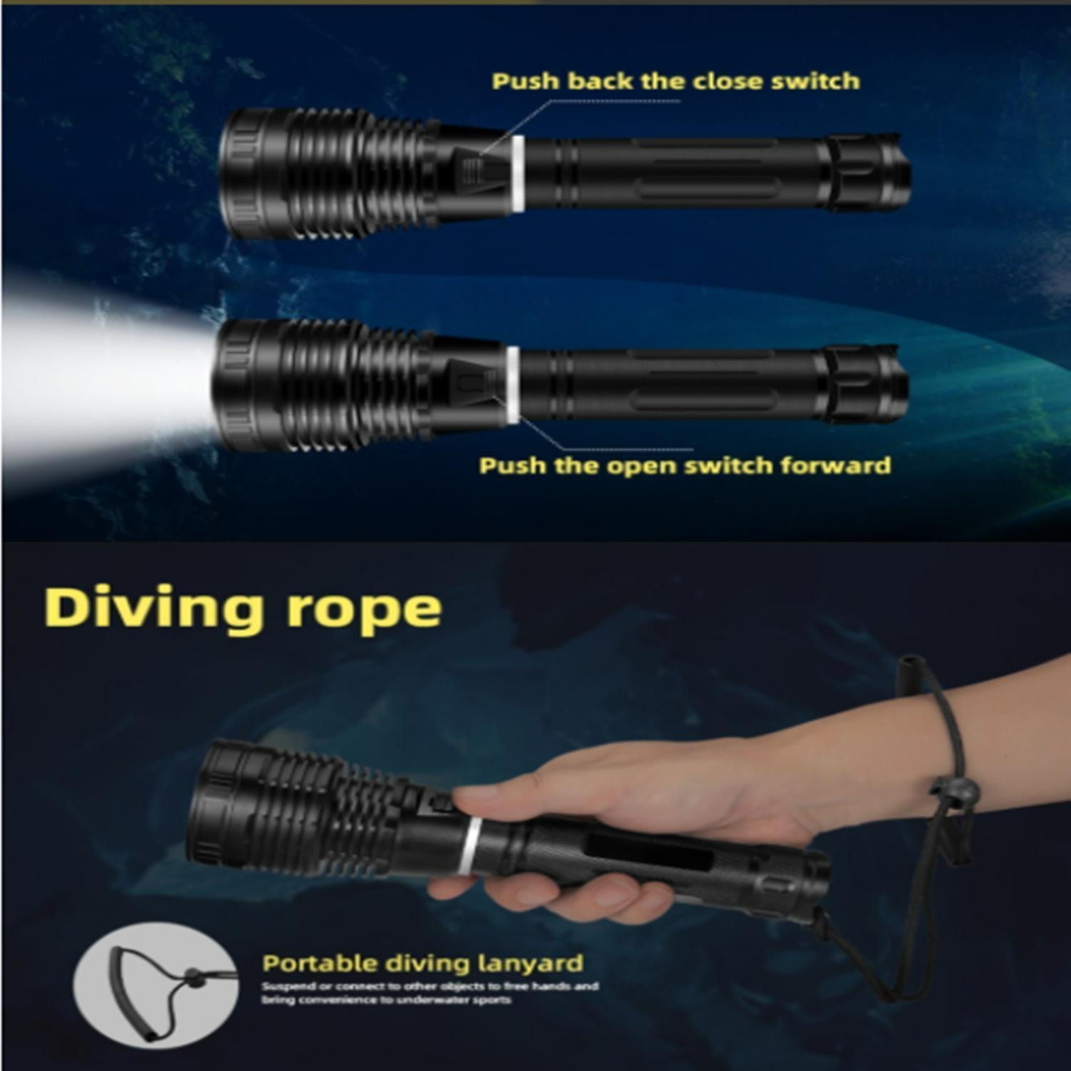 Outdoor Flashlight XHP70 Underwater Diving Flashlight Rechargeable ...
