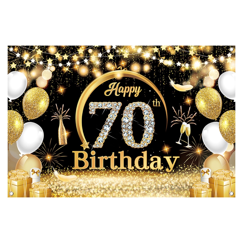 Happy 70th Birthday Backdrop Black and Gold Birthday Party Decorations