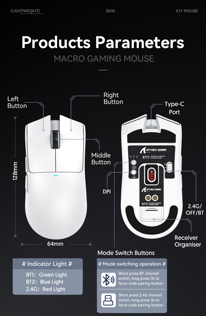 Attack Shark X11 PC Gaming Mouse, Wireless, 3 Modes (2.4G, BT5.0 ...