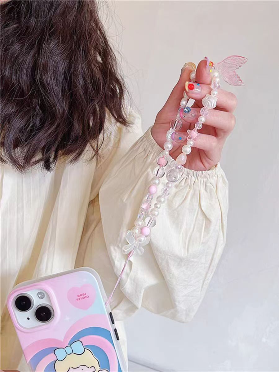 1 piece mobile phone pendant pink acrylic beaded INS anti-lost ...