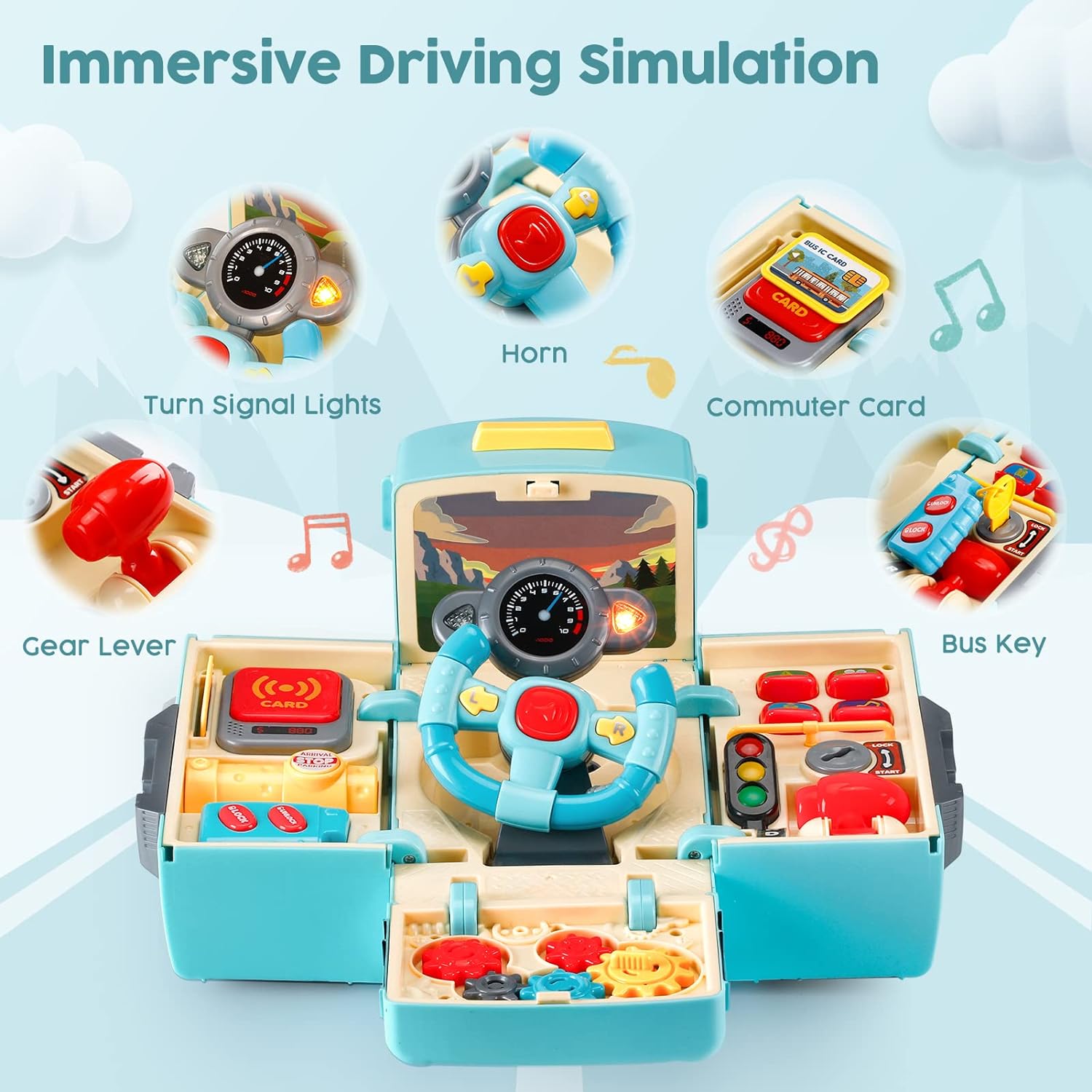 Montessori Bus Toy with Sound and Light, Kids Simulation Steering Wheel ...