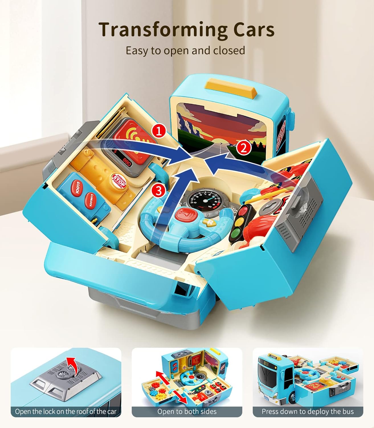 Montessori Bus Toy with Sound and Light, Kids Simulation Steering Wheel ...