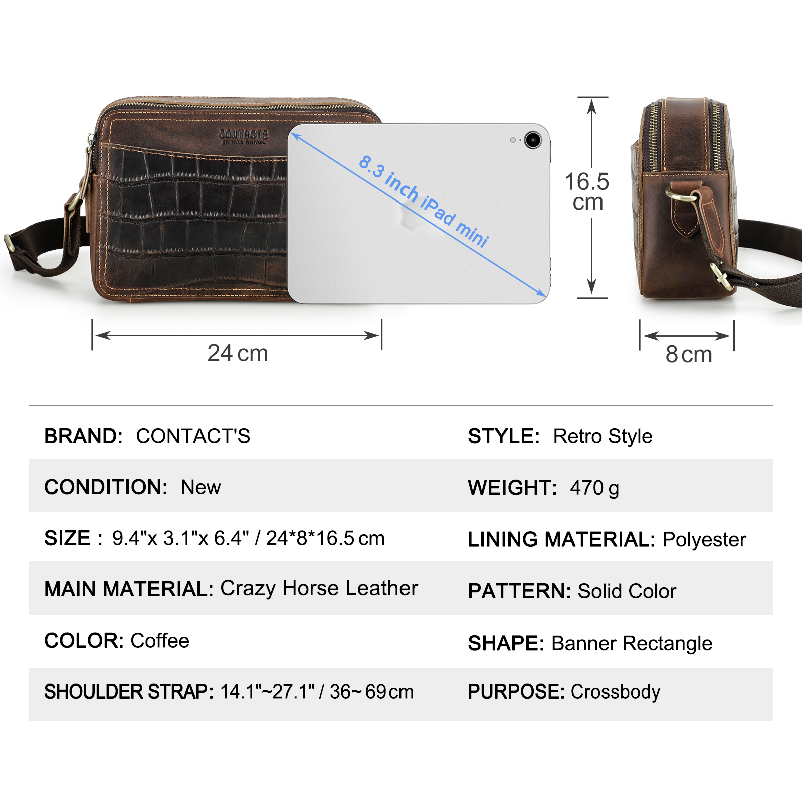 CONTACTS Men Crossbody Bag Small Crocodile Skin Genuine Leather ...