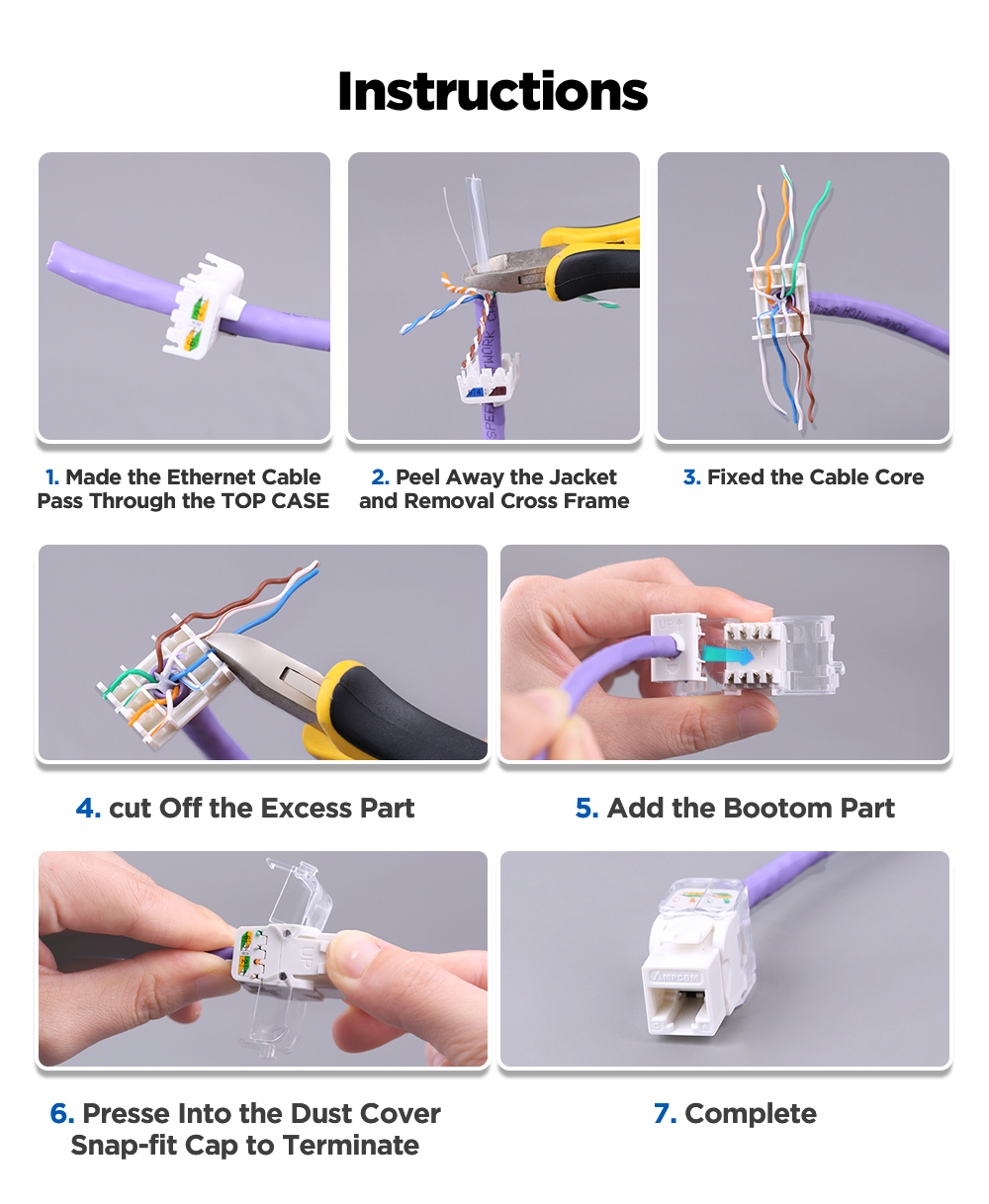 AMPCOM CAT6A UTP RJ45 Keystone Jack - Confezione 12 Pezzi, Tool-less, Placcati Oro 50u, 10Gbps - 5