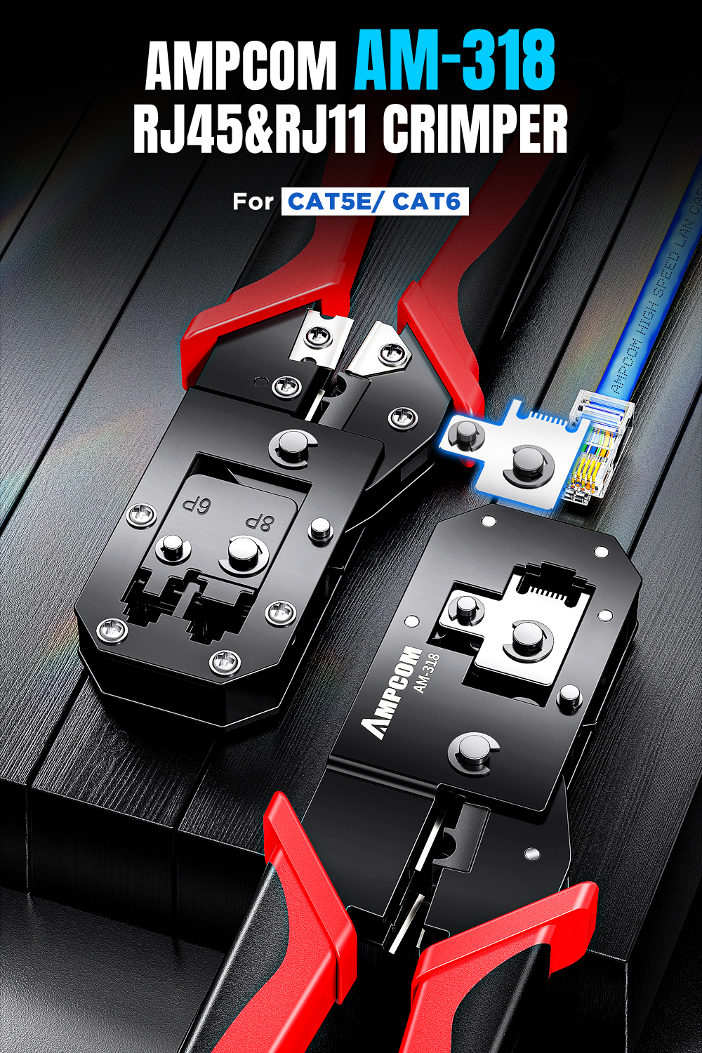 AMPCOM RJ45 Crimping Tool Ethernet Network LAN Cable Crimper 8P 6P RJ12 ...