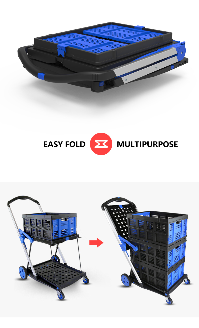 Folding Shopping Cart, Two Tier Collapsible Cart with One Crate, Heavy ...