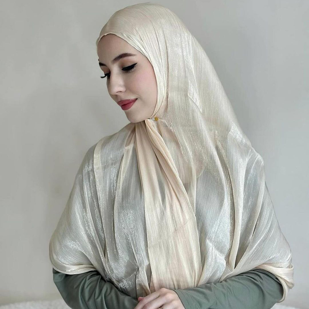 Jifang Women Sparkling Plain Pleated Silk Chiffon Muslim Hijab with ...