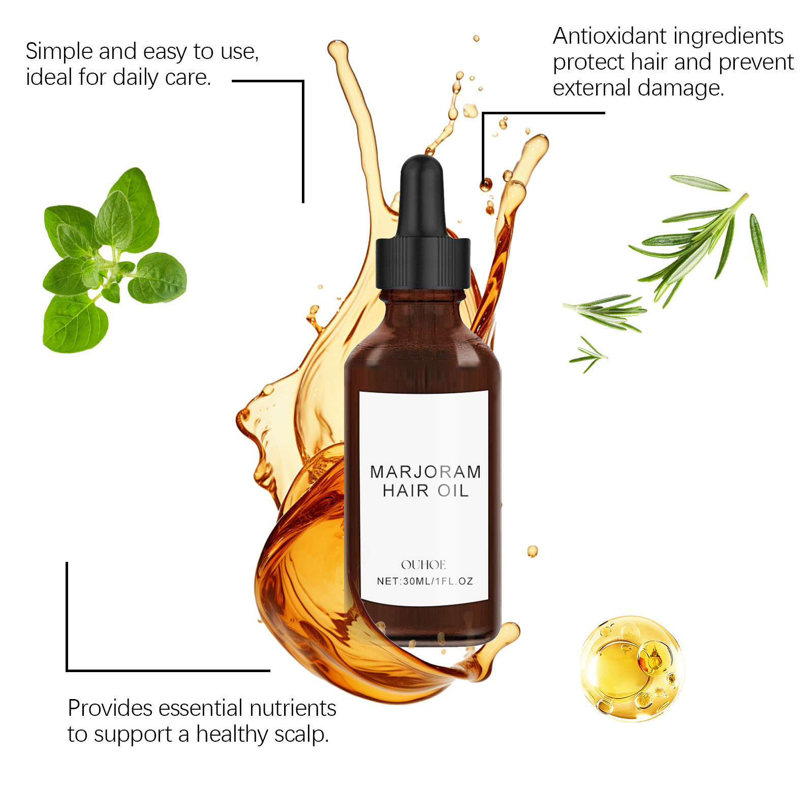 OUHOE Marjoram Hair Oil 30ml Hair Growth Serum Anti Loss Scalp Massage