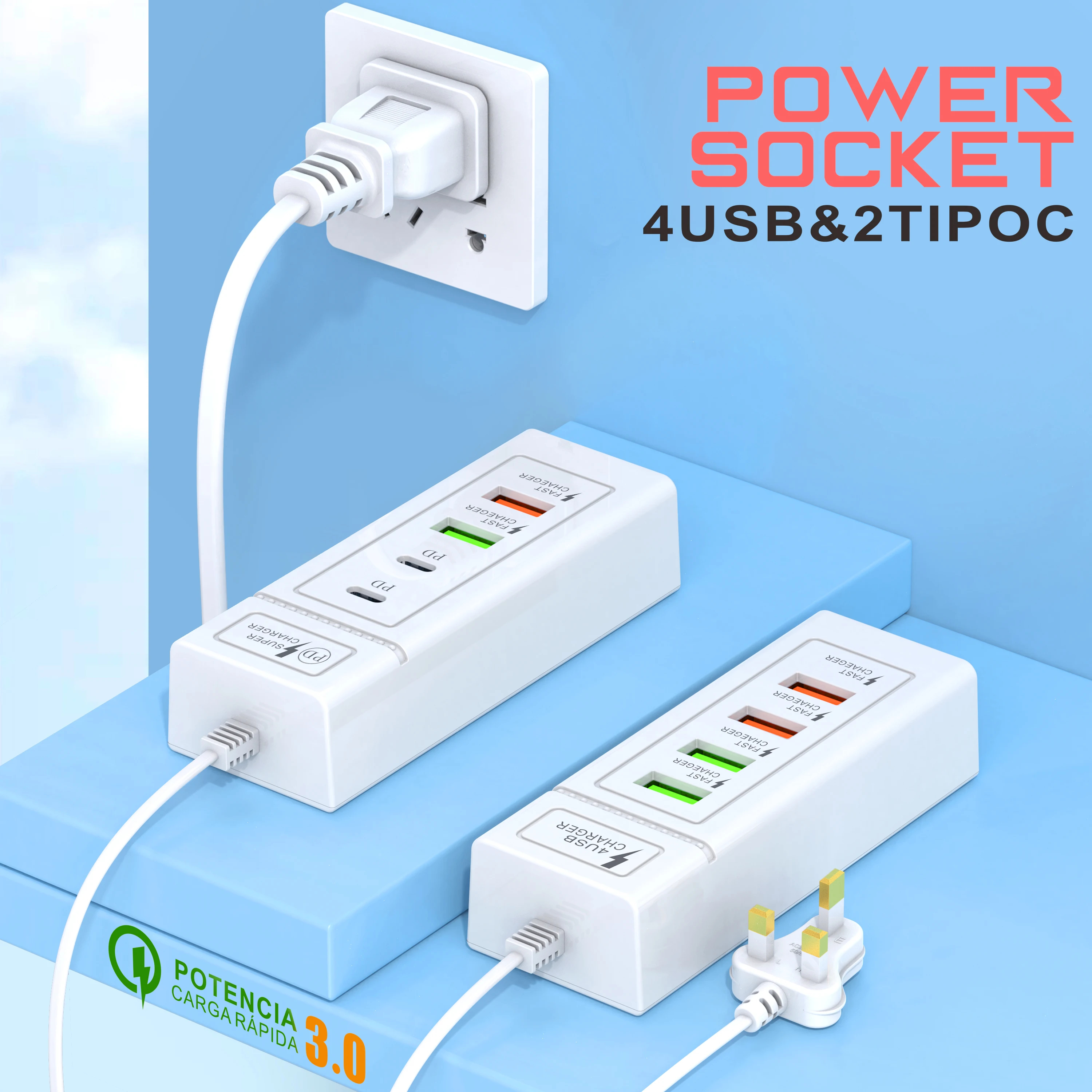 4 Port Power Strip Fast Charger USB 3.0 Type C Station Splitter PD Fast ...