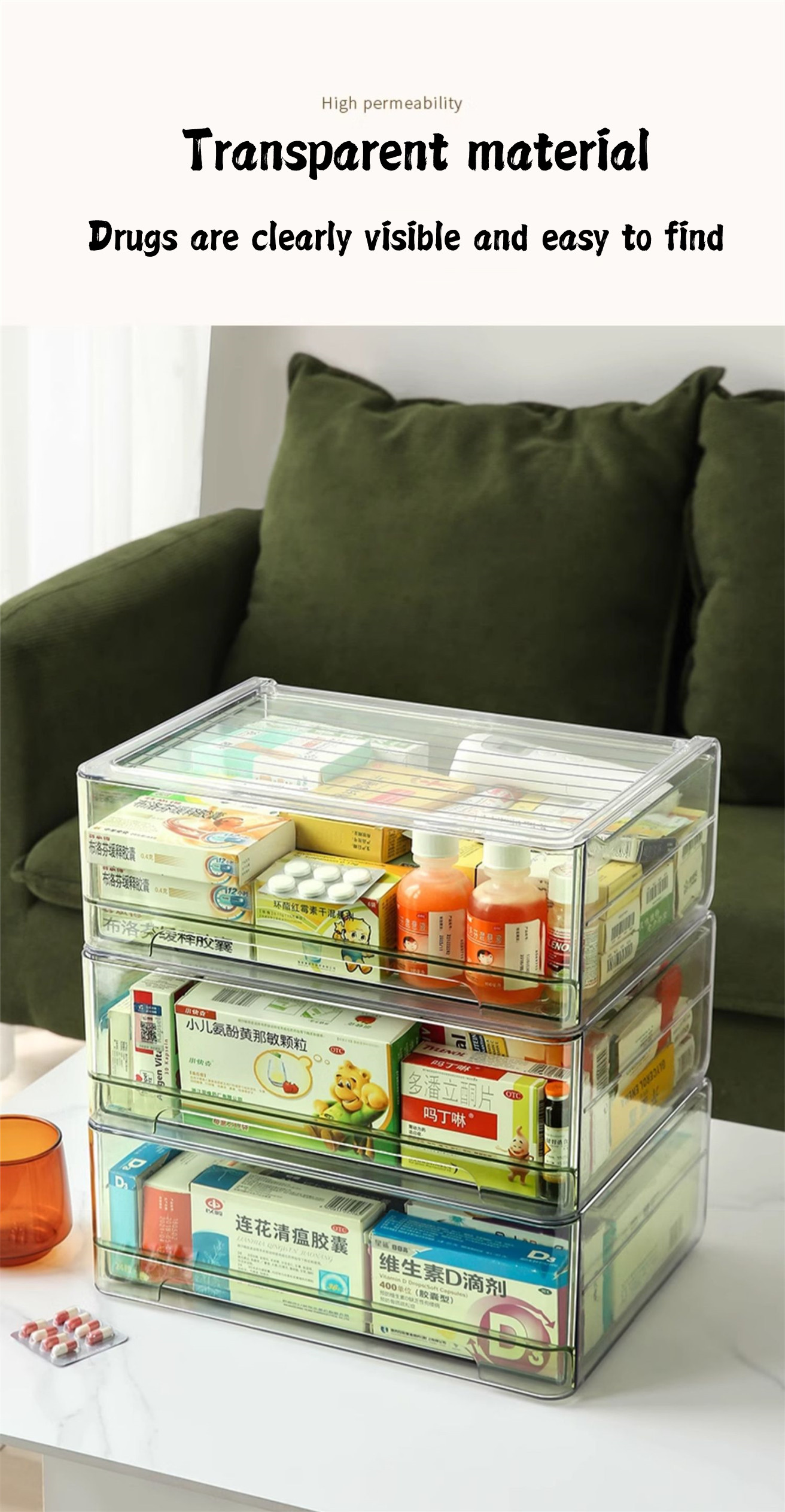 Transparent Visible Medicine Box Drawer Style Stackable Household High ...